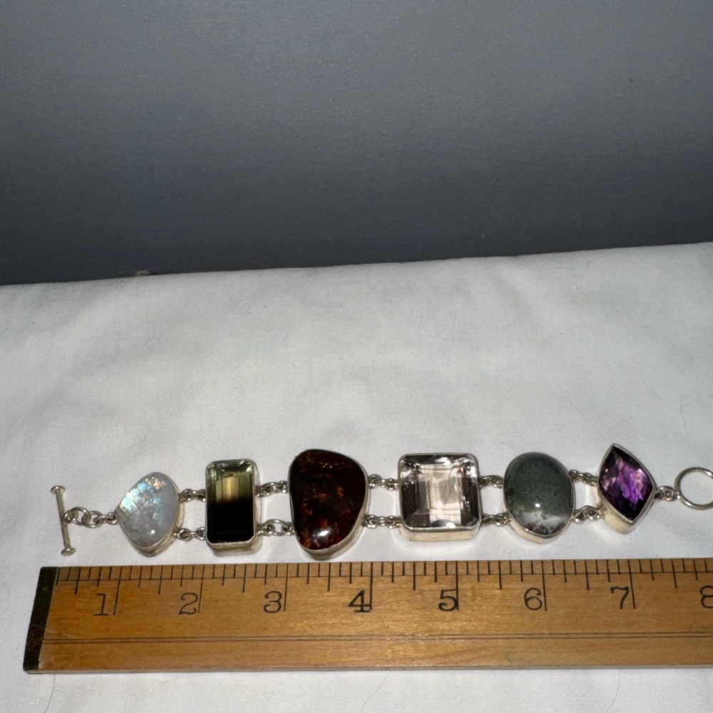 Vintage Sterling silver chunky gemstone Obsidian brand link bracelet RARE